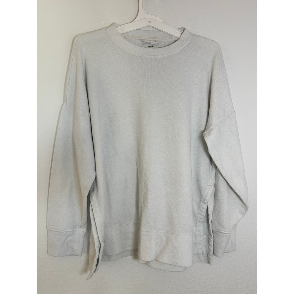 Aerie Oversized Light Blue Textured Crewneck Sweatshirt Side Slits Medium